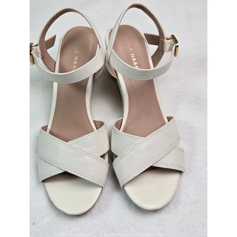 Cole Haan Grand 365 Cream Leather Wedge Sandals Womens 7B Off‎ White